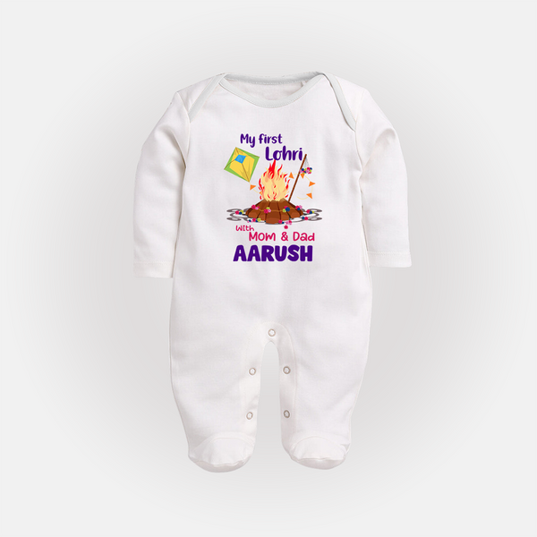My First Lohri| Custom Fullbody suit with Name - WHITE - New Born (Chest 7.5")