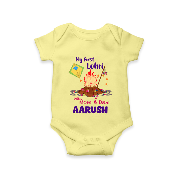 My First Lohri| Custom Romper with Name - PASTEL YELLOW - New Born (Chest 14")