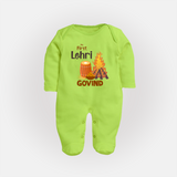 My First Lohri | Fullbody suit with Name - LIME GREEN - New Born (Chest 7.5")