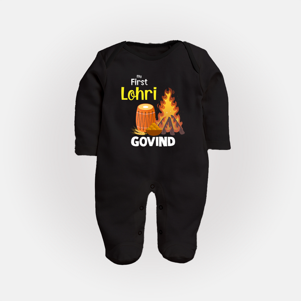My First Lohri | Fullbody suit with Name - BLACK - New Born (Chest 7.5")