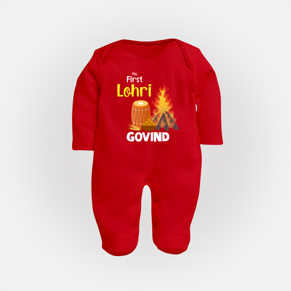 My First Lohri | Fullbody suit with Name - RED - New Born (Chest 7.5")