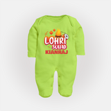 Lohri Squad  | Personalised Fullbody suit  with Name - LIME GREEN - New Born (Chest 7.5")