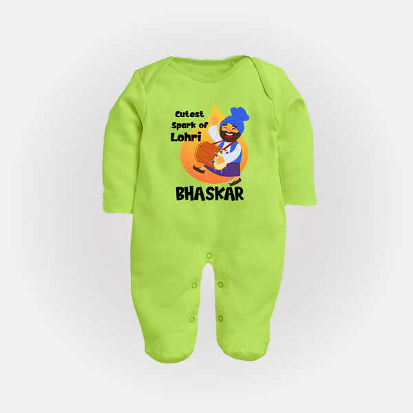 Cutest spark Lohri | Personalised Fullbody suit  with Name - LIME GREEN - New Born (Chest 7.5")