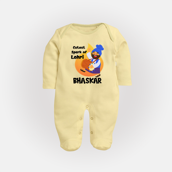 Cutest spark Lohri | Personalised Fullbody suit  with Name - PASTEL YELLOW - New Born (Chest 7.5")