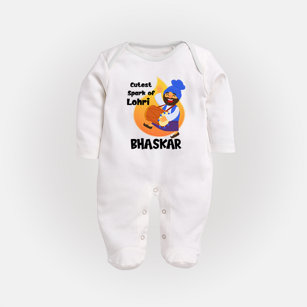 Cutest spark Lohri | Personalised Fullbody suit  with Name - WHITE - New Born (Chest 7.5")