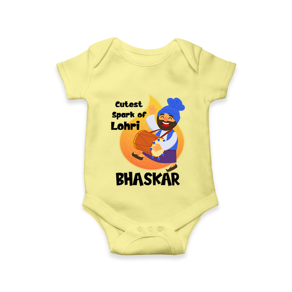 Cutest spark Lohri | Personalised Romper  with Name - PASTEL YELLOW - New Born (Chest 14")
