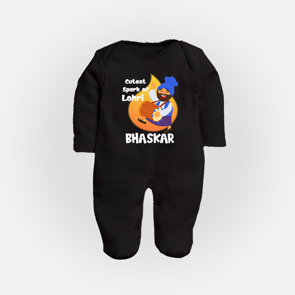 Cutest spark Lohri | Personalised Fullbody suit  with Name - BLACK - New Born (Chest 7.5")