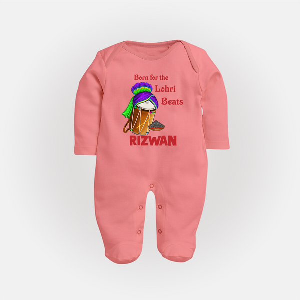 Born for the Lohri Beats | Personalised Fullbody suit  with Name - PEACH - New Born (Chest 7.5")