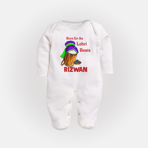 Born for the Lohri Beats | Personalised Fullbody suit  with Name - WHITE - New Born (Chest 7.5")