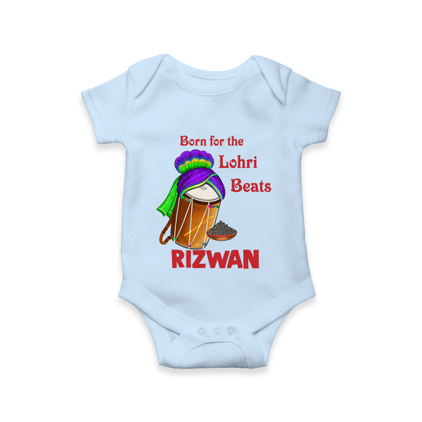 Born for the Lohri Beats | Personalised Romper  with Name - BABY BLUE - New Born (Chest 14")