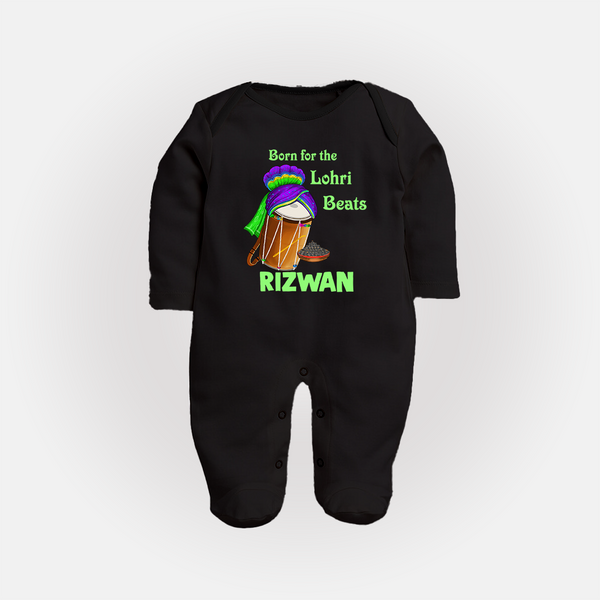 Born for the Lohri Beats | Personalised Fullbody suit  with Name - BLACK - New Born (Chest 7.5")