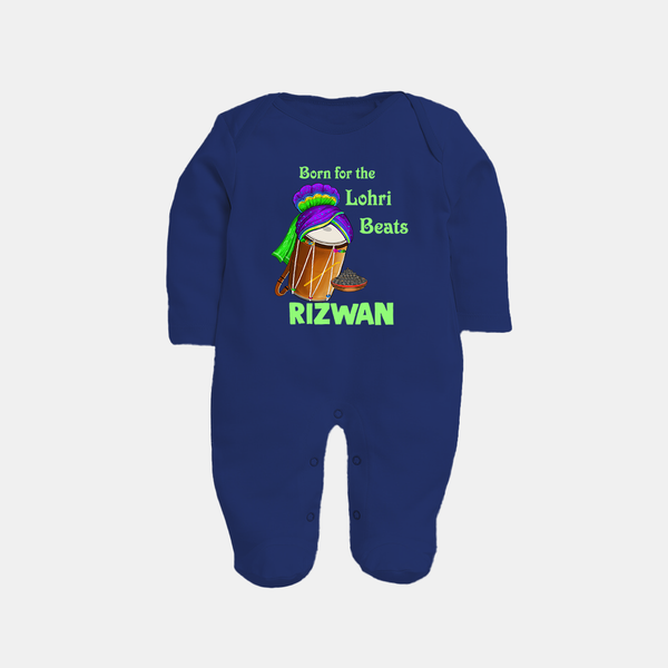 Born for the Lohri Beats | Personalised Fullbody suit  with Name - NAVY BLUE - New Born (Chest 7.5")
