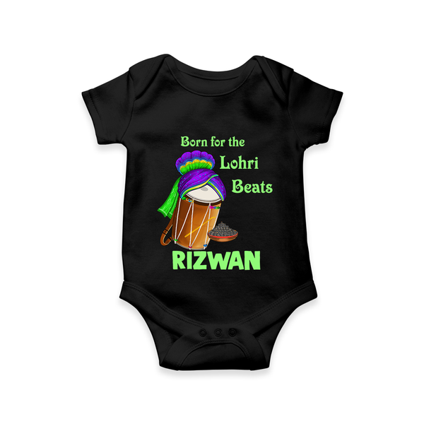 Born for the Lohri Beats | Personalised Romper  with Name - BLACK - New Born (Chest 14")