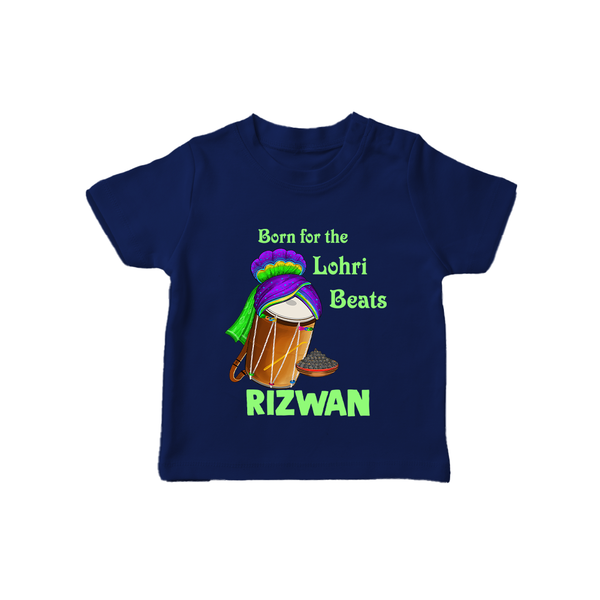 Born for the Lohri Beats | Personalised T-Shirt  with Name - NAVY BLUE - 0-5 Months Old (Chest 17")