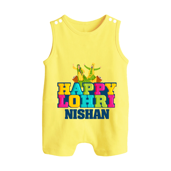 Happy Lohri | Personalised Romper Suit  with Name - PASTEL YELLOW - 0 - 5 Months Old (Chest 18")