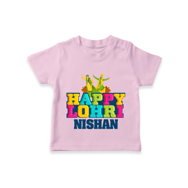 Happy Lohri | Personalised T-Shirt  with Name - BABY PINK - 0-5 Months Old (Chest 17")