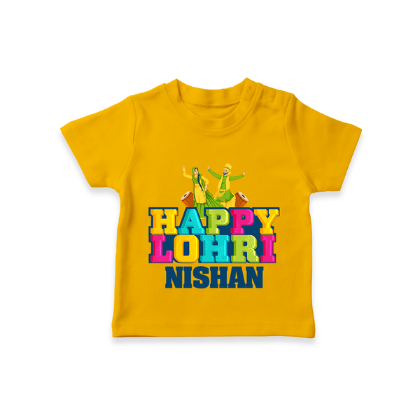 Happy Lohri | Personalised T-Shirt  with Name - CHROME YELLOW - 0-5 Months Old (Chest 17")
