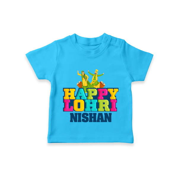 Happy Lohri | Personalised T-Shirt  with Name - SKY BLUE - 0-5 Months Old (Chest 17")
