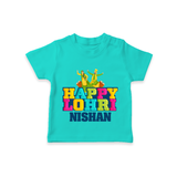 Happy Lohri | Personalised T-Shirt  with Name - TEAL - 0-5 Months Old (Chest 17")