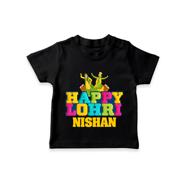 Happy Lohri | Personalised T-Shirt  with Name - BLACK - 0-5 Months Old (Chest 17")