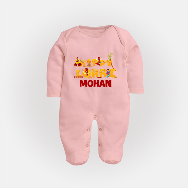 Happy Lohri | Customized Fullbody suit  with Name - BABY PINK - New Born (Chest 7.5")