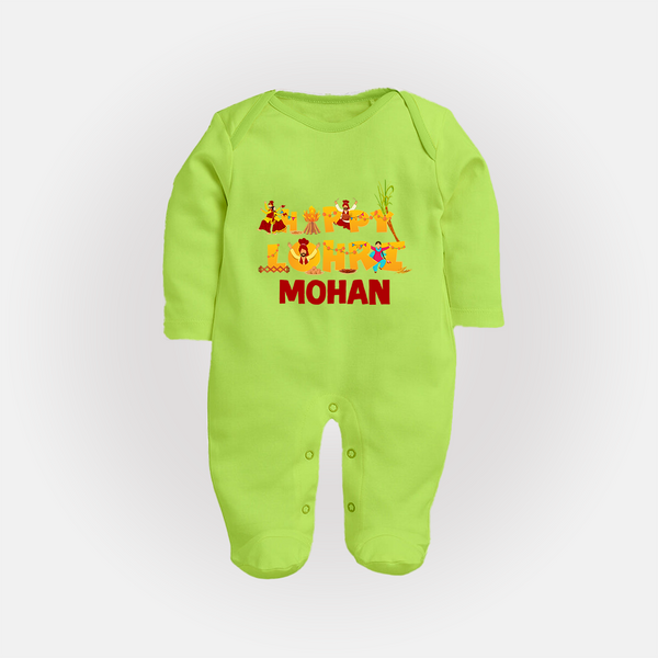 Happy Lohri | Customized Fullbody suit  with Name - LIME GREEN - New Born (Chest 7.5")