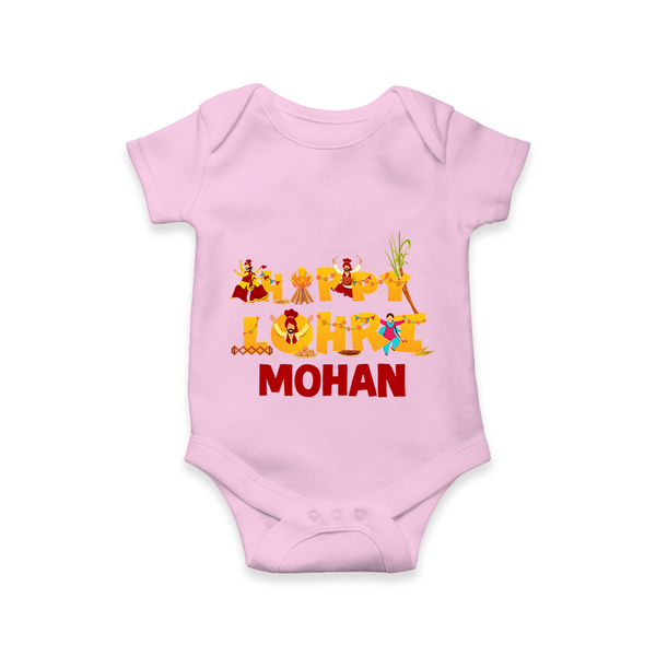 Happy Lohri | Customized Romper  with Name - BABY PINK - New Born (Chest 14")