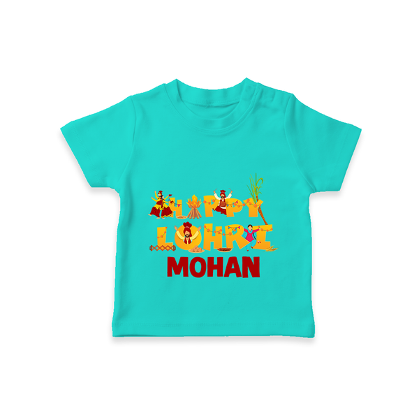 Happy Lohri | Customized T-Shirt  with Name - TEAL - 0-5 Months Old (Chest 17")