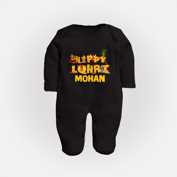 Happy Lohri | Customized Fullbody suit  with Name - BLACK - New Born (Chest 7.5")