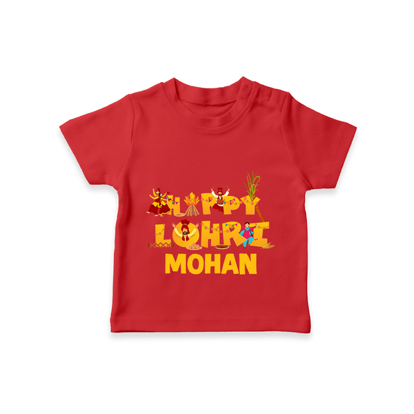 Happy Lohri | Customized T-Shirt  with Name - RED - 0-5 Months Old (Chest 17")