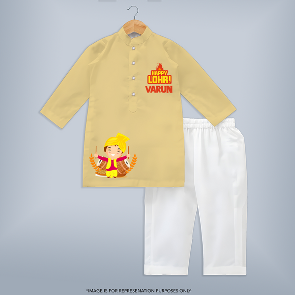 Happy Lohri Kurta| Customized Kurta with Name - PASTEL YELLOW - 3 - 6 Months Old (Chest 24", Kurta Length 14'', Waist 19", Pant Length 14")