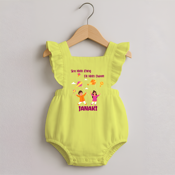 Sky  Mein rang dil Mein Dhoom | Customized Romper Frock with Name - PASTEL YELLOW - 0 - 3 Months Old (Chest 19")