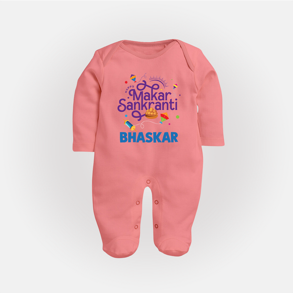 Makar Sankranti | Personalised FullBody Suit with Name - PEACH - New Born (Chest 7.5")