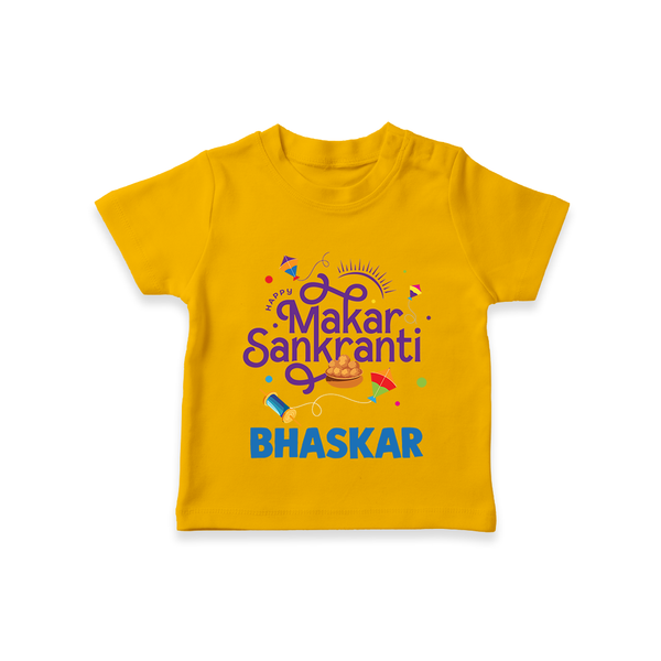 Makar Sankranti | Personalised T-Shirt with Name - CHROME YELLOW - 0-5 Months Old (Chest 17")