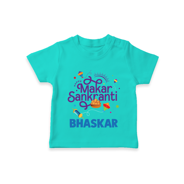 Makar Sankranti | Personalised T-Shirt with Name - TEAL - 0-5 Months Old (Chest 17")