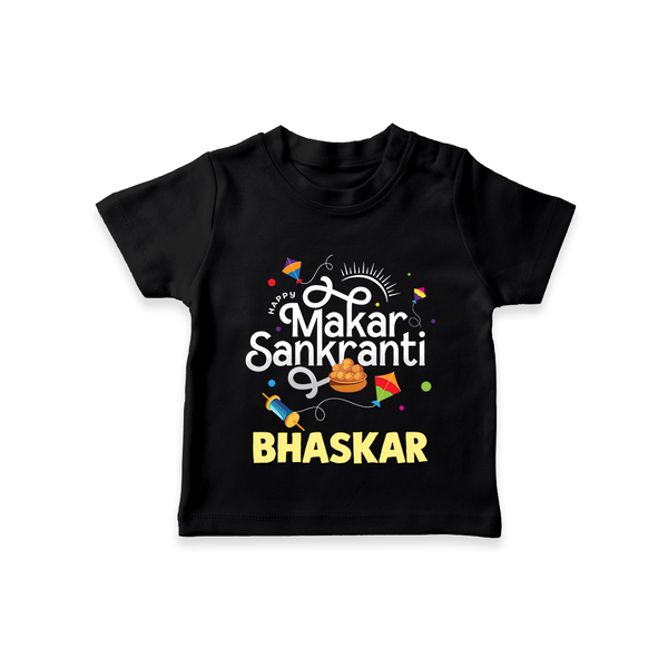 Makar Sankranti | Personalised T-Shirt with Name - BLACK - 0-5 Months Old (Chest 17")