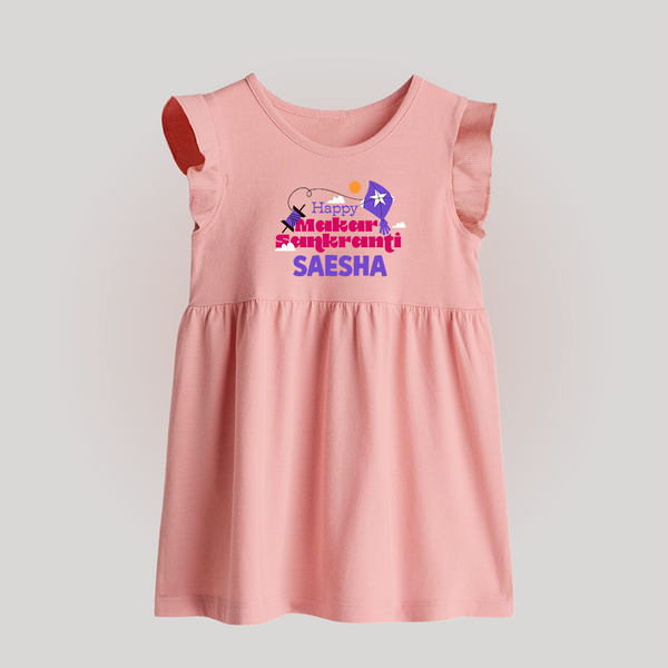 Happy Makar Sankranti | Personalised Baby Frock with Name - BABY PINK - 0 - 3 Months Old (Chest 17")