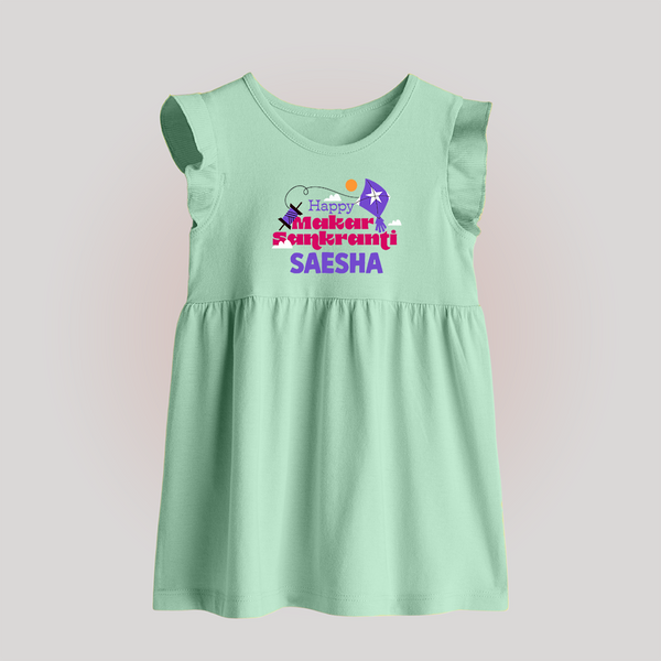Happy Makar Sankranti | Personalised Baby Frock with Name - MINT GREEN - 0 - 3 Months Old (Chest 17")
