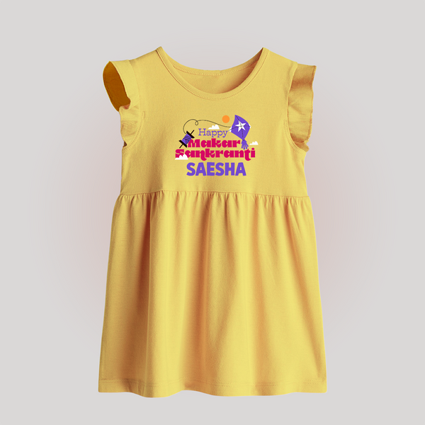 Happy Makar Sankranti | Personalised Baby Frock with Name - PASTEL YELLOW - 0 - 3 Months Old (Chest 17")