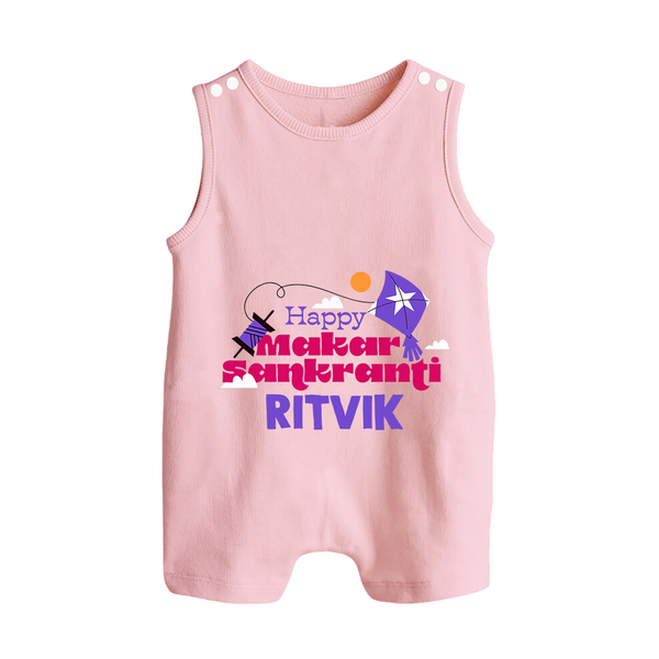 Happy Makar Sankranti | Personalised Romper suit with Name - BABY PINK - 0 - 5 Months Old (Chest 18")