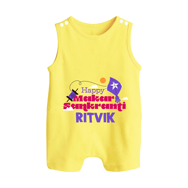 Happy Makar Sankranti | Personalised Romper suit with Name - PASTEL YELLOW - 0 - 5 Months Old (Chest 18")