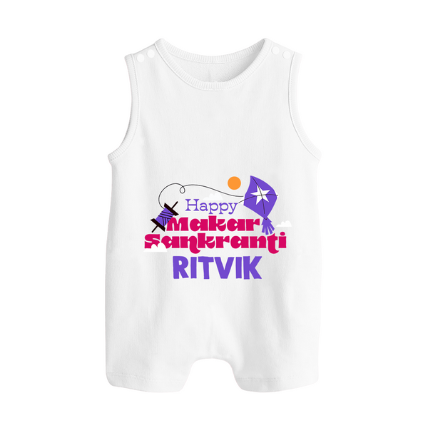 Happy Makar Sankranti | Personalised Romper suit with Name - WHITE - 0 - 5 Months Old (Chest 18")