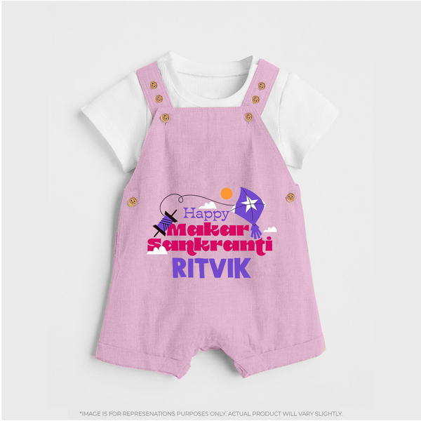 Happy Makar Sankranti | Personalised Dungaree with Name - BABY PINK - 0 - 5 Months Old (Chest 18")