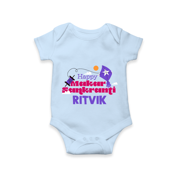 Happy Makar Sankranti | Personalised Romper with Name - BABY BLUE - New Born (Chest 14")