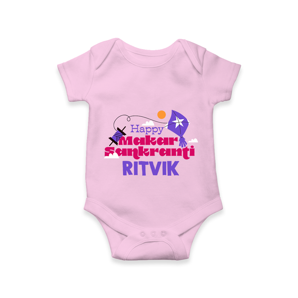 Happy Makar Sankranti | Personalised Romper with Name - BABY PINK - New Born (Chest 14")