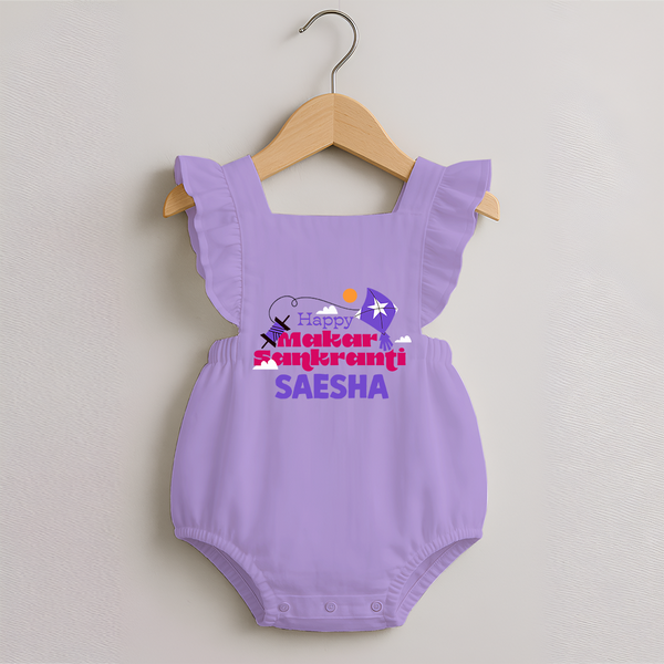 Happy Makar Sankranti | Personalised Romper Frock with Name - LILAC - 0 - 3 Months Old (Chest 19")