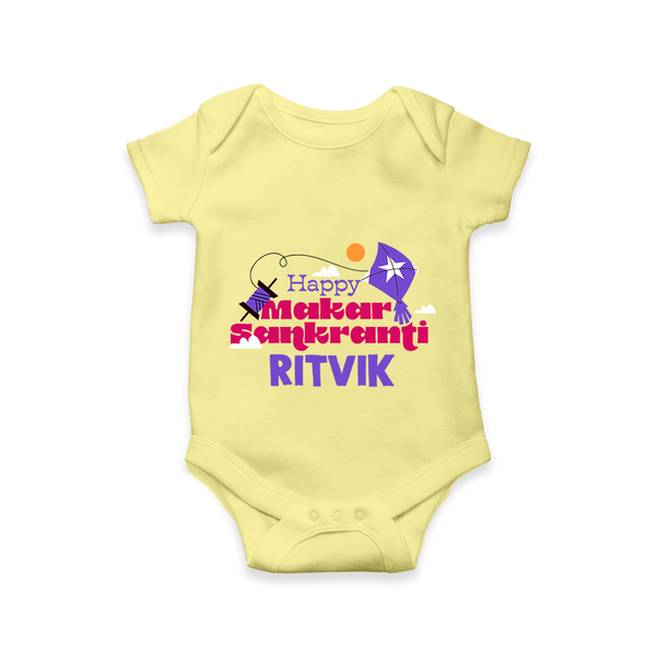 Happy Makar Sankranti | Personalised Romper with Name - PASTEL YELLOW - New Born (Chest 14")