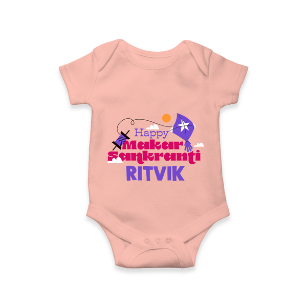 Happy Makar Sankranti | Personalised Romper with Name - PEACH - New Born (Chest 14")