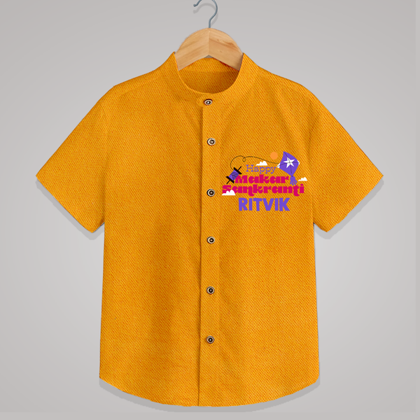 Happy Makar Sankranti | Personalised Shirt with Name - CHROME YELLOW - 0 - 6 Months Old (Chest 23")