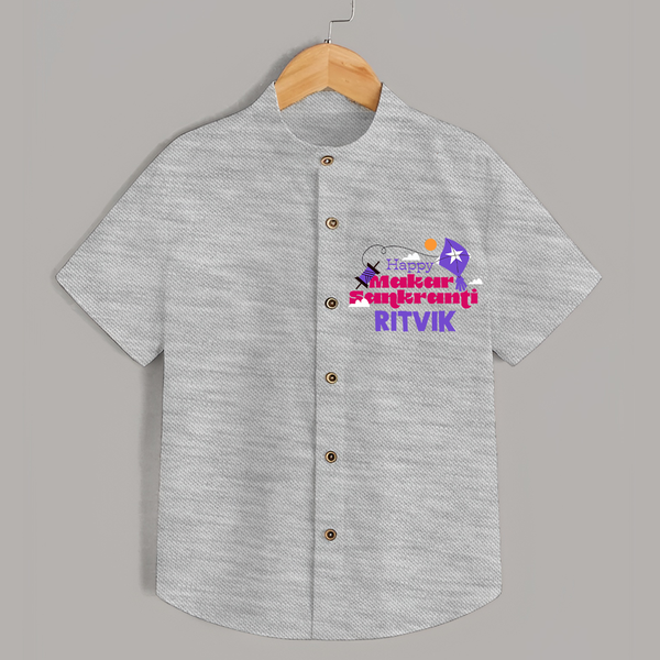 Happy Makar Sankranti | Personalised Shirt with Name - GREY - 0 - 6 Months Old (Chest 23")